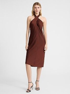 express brown leather dress Body Contour Faux Leather Twist Front Midi Dress With Built-in Shapewear
